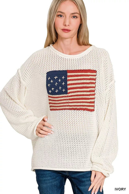 Zenana American Flag Crew Neck Sweater - Bitsy Gypsy Boutique