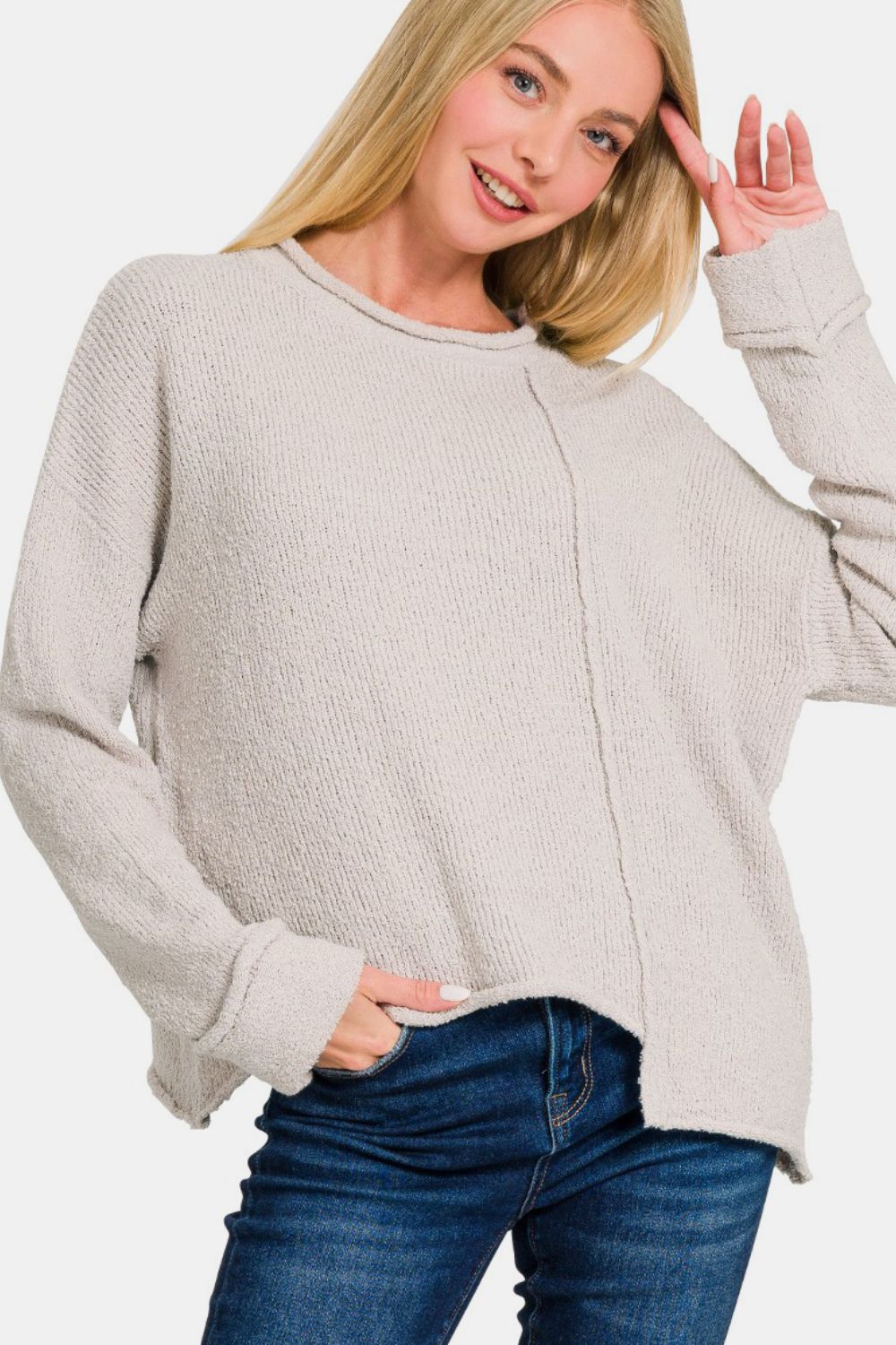 Zenana Asymmetric Hem Drop Shoulder Sweater - Bitsy Gypsy Boutique