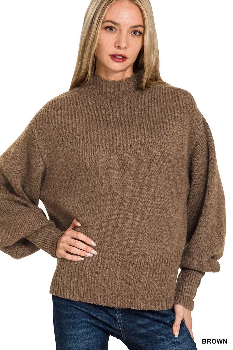 Zenana Balloon Sleeve Mock Neck Sweater - Bitsy Gypsy Boutique