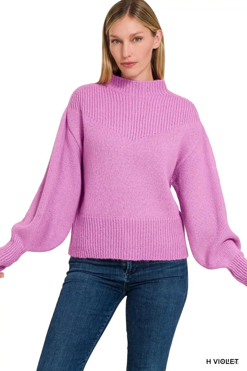 Zenana Balloon Sleeve Mock Neck Sweater - Bitsy Gypsy Boutique