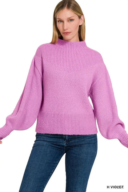 Zenana Balloon Sleeve Mock Neck Sweater - Bitsy Gypsy Boutique