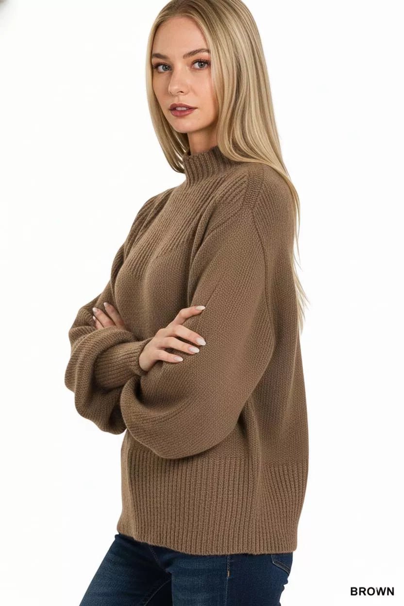 Zenana Balloon Sleeve Mock Neck Sweater - Bitsy Gypsy Boutique