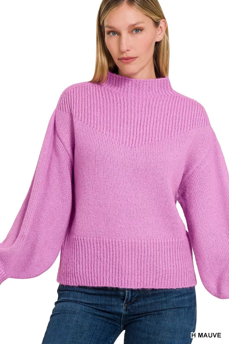 Zenana Balloon Sleeve Mock Neck Sweater - Bitsy Gypsy Boutique