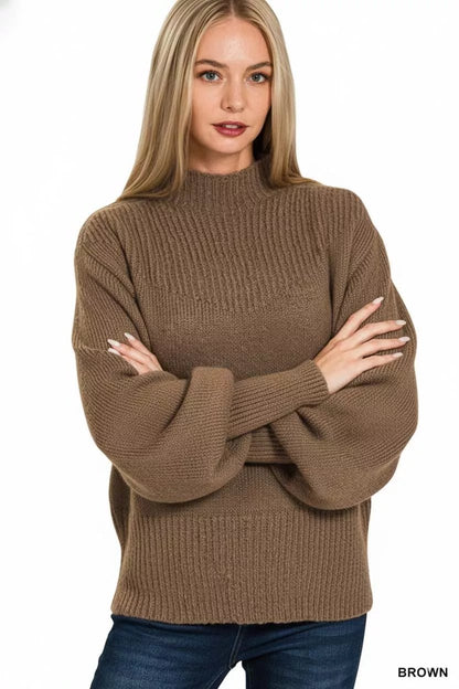 Zenana Balloon Sleeve Mock Neck Sweater - Bitsy Gypsy Boutique