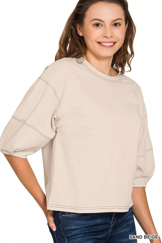Zenana Balloon Sleeve Top with Contrast Stitching - Bitsy Gypsy Boutique