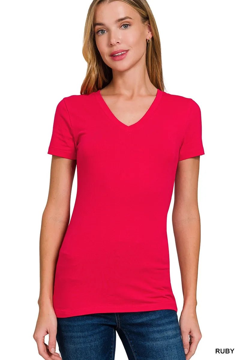 Zenana Basic Cotton V - Neck Short Sleeve T-Shirt - Bitsy Gypsy Boutique