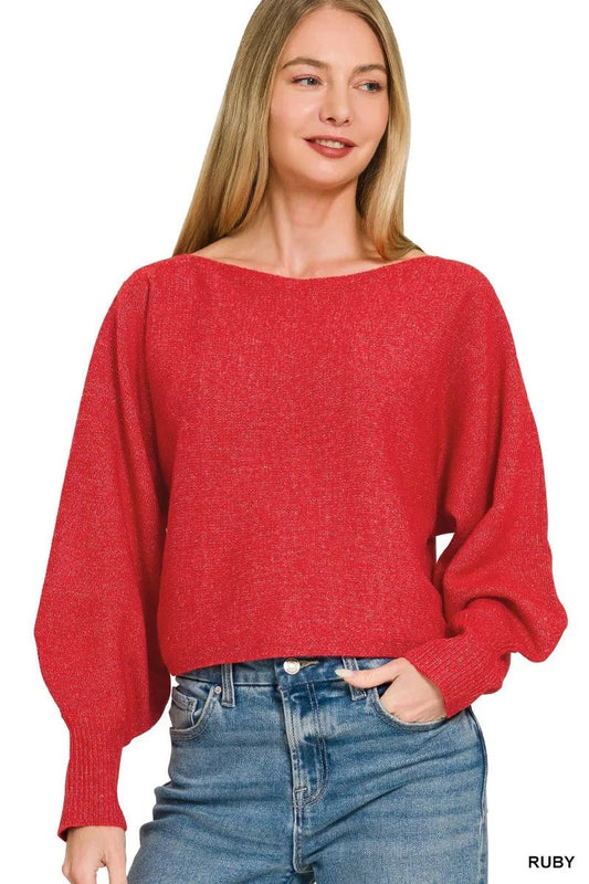 Zenana Boat Neck Balloon Sleeve Sweater - Bitsy Gypsy Boutique