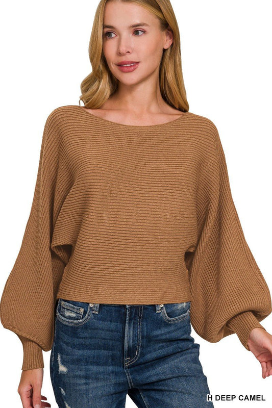 Zenana Boat Neck Balloon Sleeve Sweater - Bitsy Gypsy Boutique