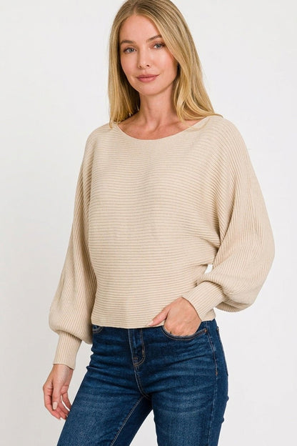 Zenana Boat Neck Balloon Sleeve Sweater - Bitsy Gypsy Boutique