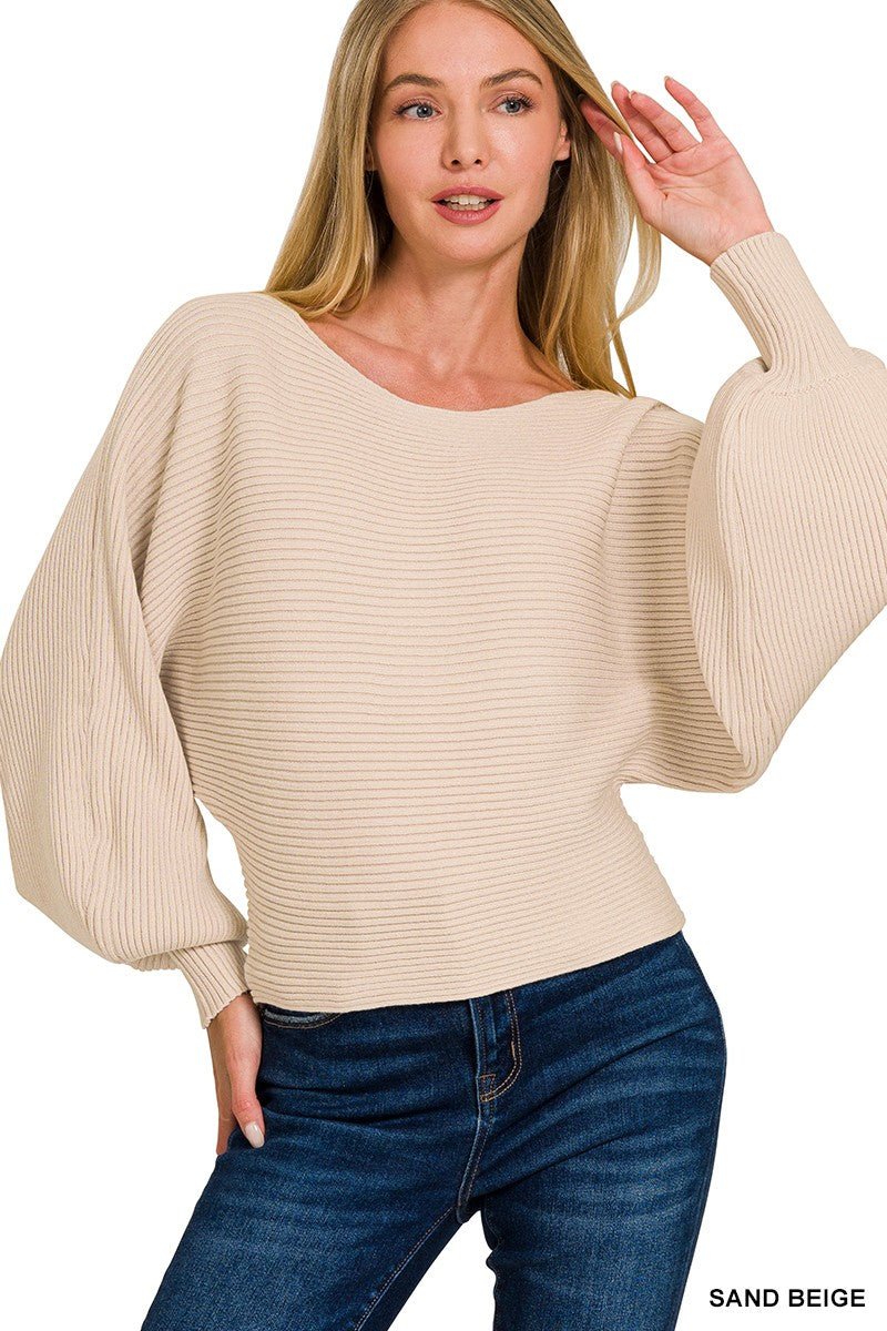 Zenana Boat Neck Balloon Sleeve Sweater - Bitsy Gypsy Boutique