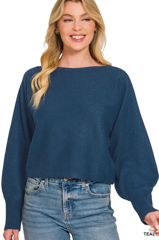 Zenana Boat Neck Balloon Sleeve Sweater - Bitsy Gypsy Boutique