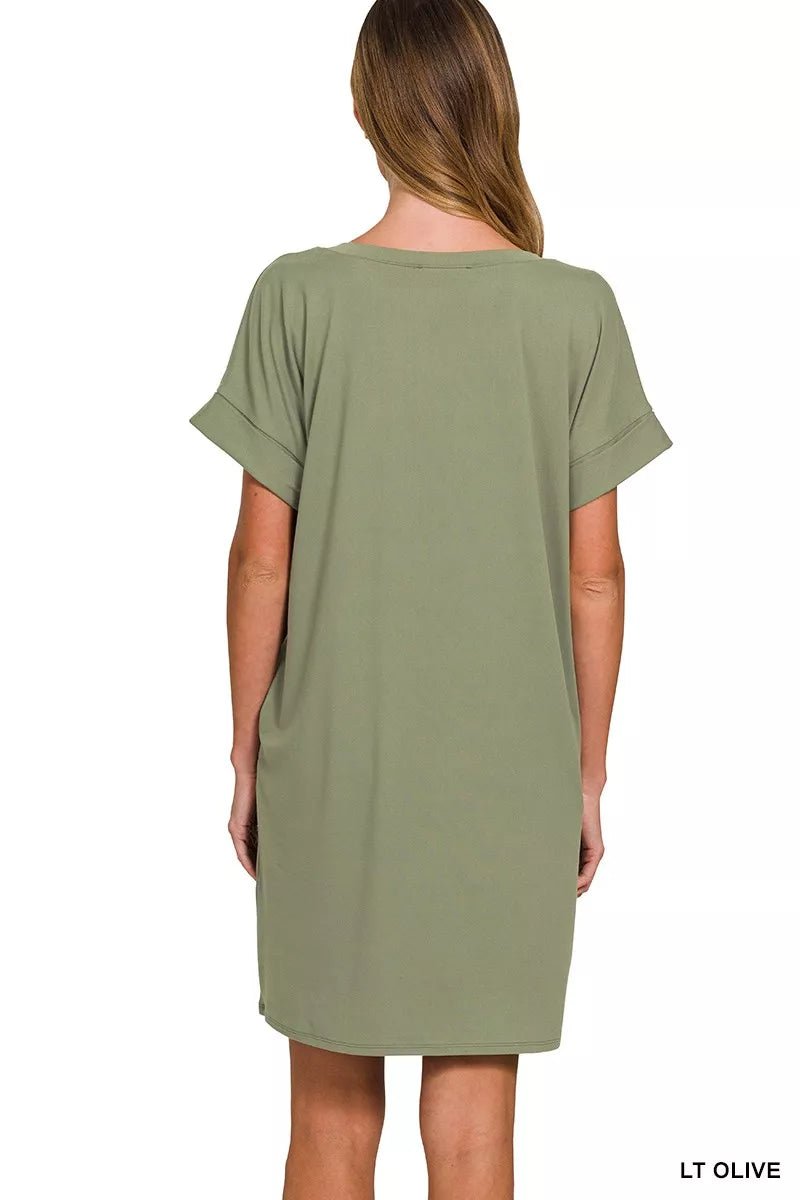 Zenana Brushed Dty Rolled Short Sleeve V - Neck Dress - Bitsy Gypsy Boutique