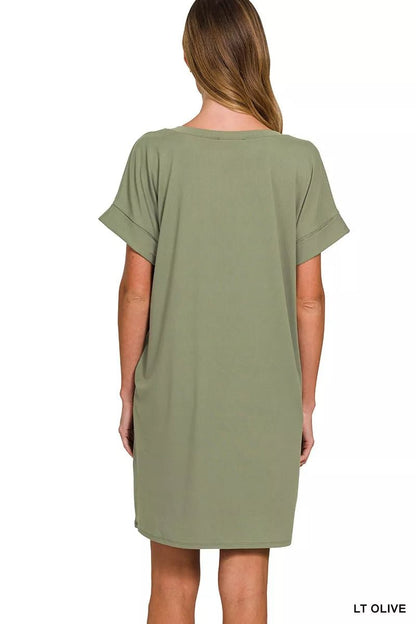 Zenana Brushed Dty Rolled Short Sleeve V - Neck Dress - Bitsy Gypsy Boutique