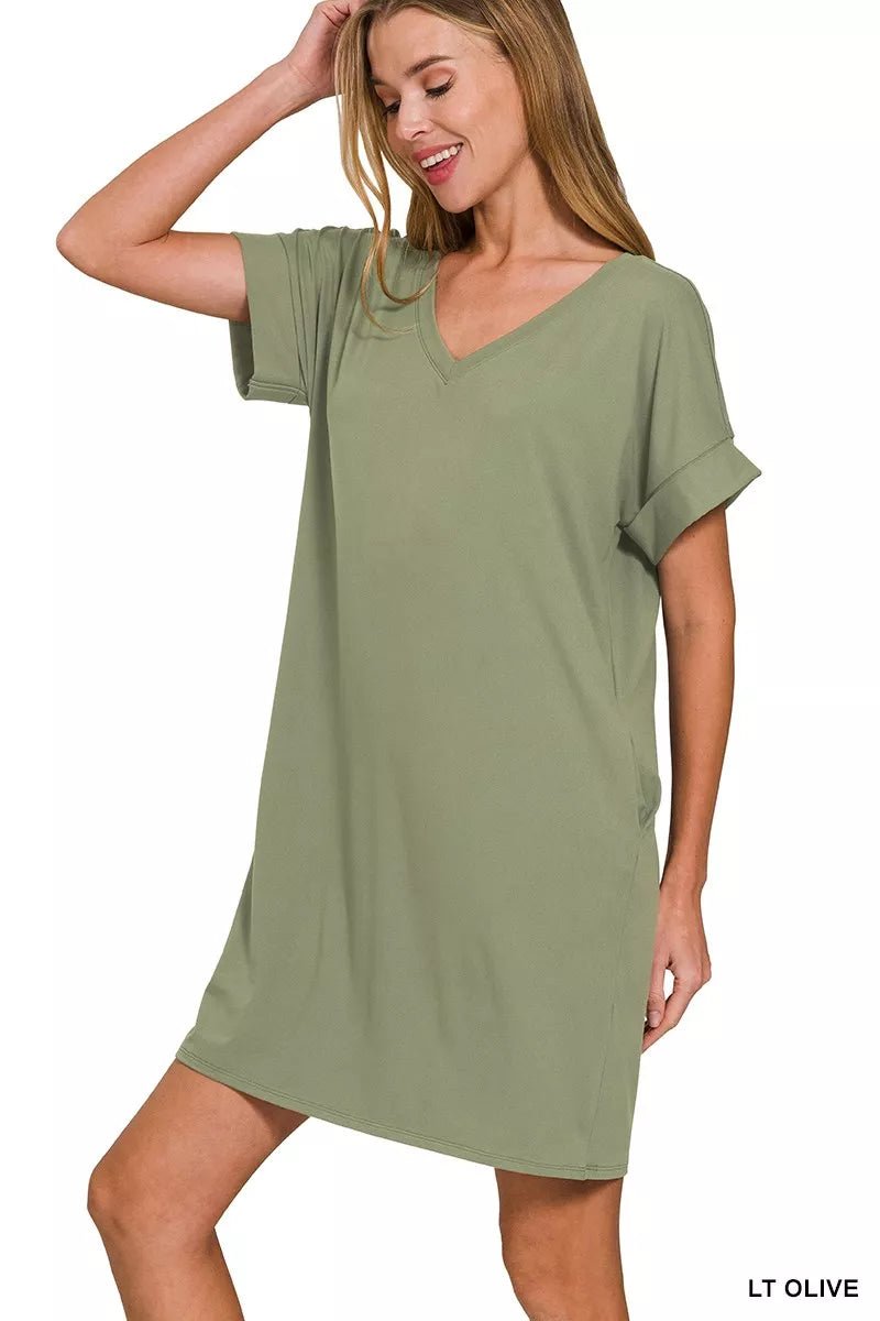 Zenana Brushed Dty Rolled Short Sleeve V - Neck Dress - Bitsy Gypsy Boutique