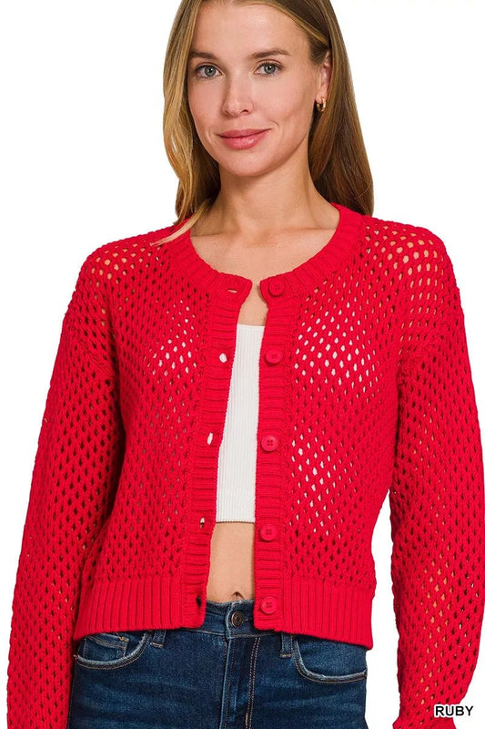 Zenana Button Down Lightweight Crochet Cardigan Sweater - Bitsy Gypsy Boutique