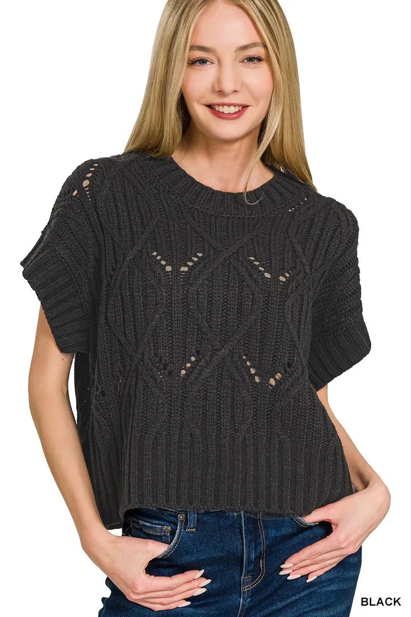 Zenana Cable Knit Short Sleeve Sweater - Bitsy Gypsy Boutique