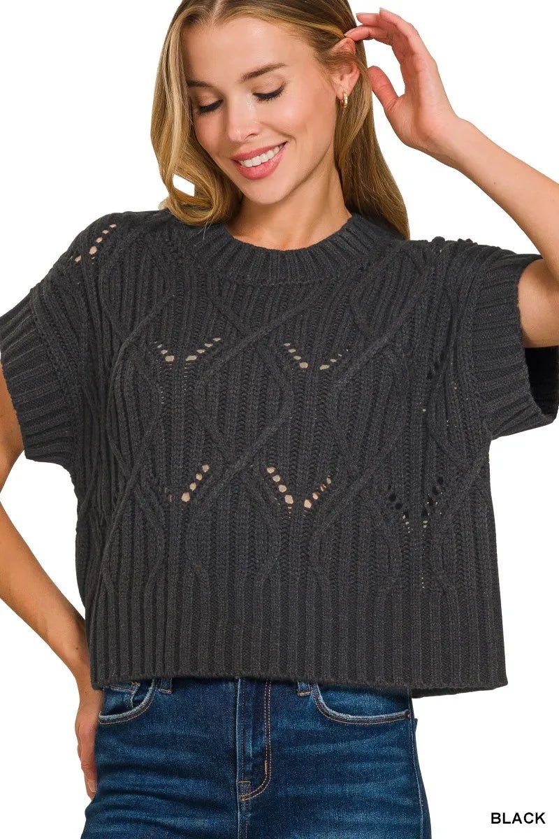 Zenana Cable Knit Short Sleeve Sweater - Bitsy Gypsy Boutique