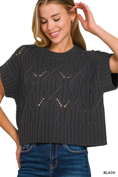 Zenana Cable Knit Short Sleeve Sweater - Bitsy Gypsy Boutique