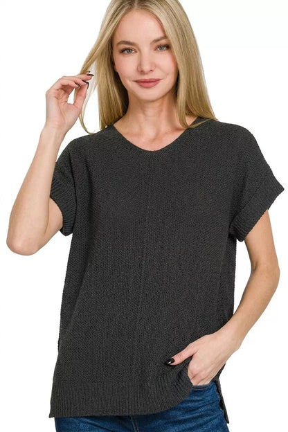 Zenana Center Seam Short Sleeve Sweater - Bitsy Gypsy Boutique