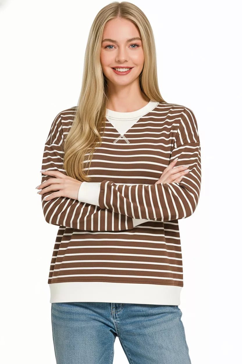 Zenana Contrast Striped Round Neck Sweatshirt - Bitsy Gypsy Boutique