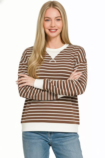 Zenana Contrast Striped Round Neck Sweatshirt - Bitsy Gypsy Boutique