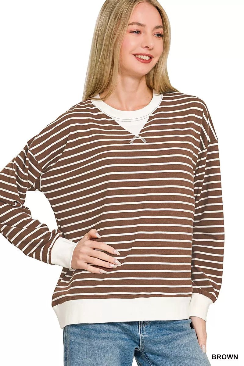 Zenana Contrast Striped Round Neck Sweatshirt - Bitsy Gypsy Boutique