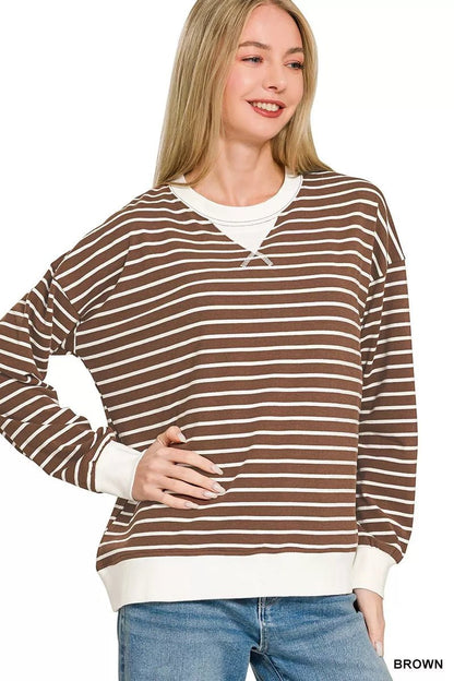Zenana Contrast Striped Round Neck Sweatshirt - Bitsy Gypsy Boutique