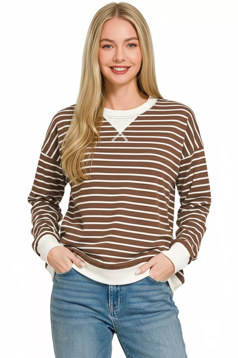 Zenana Contrast Striped Round Neck Sweatshirt - Bitsy Gypsy Boutique
