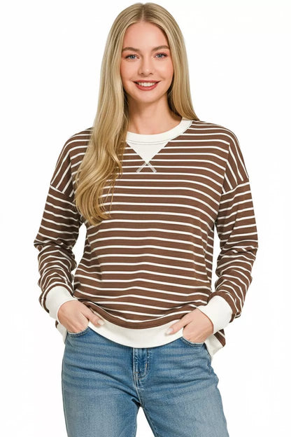 Zenana Contrast Striped Round Neck Sweatshirt - Bitsy Gypsy Boutique
