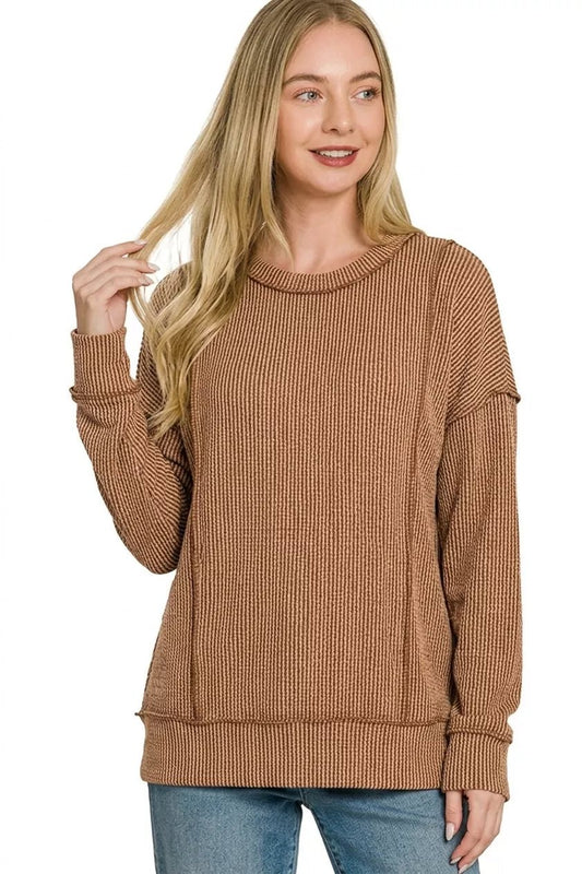 Zenana Corded Rib Long Sleeve Round Neck Top - Bitsy Gypsy Boutique