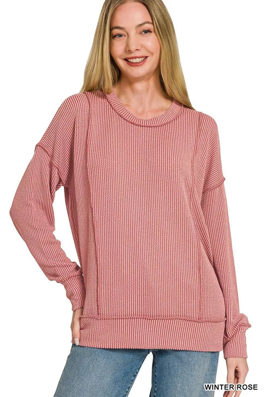 Zenana Corded Rib Long Sleeve Round Neck Top - Bitsy Gypsy Boutique