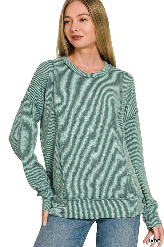 Zenana Corded Rib Long Sleeve Round Neck Top - Bitsy Gypsy Boutique