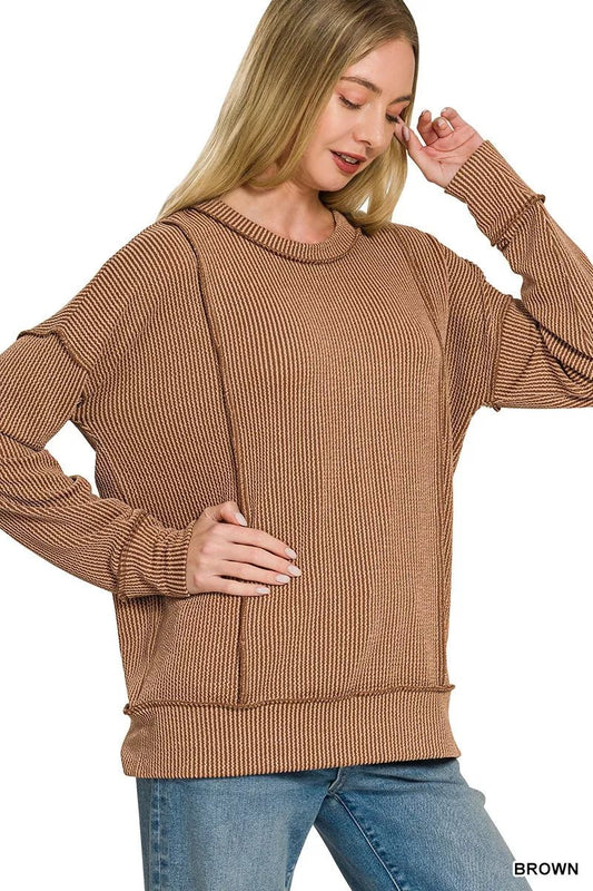 Zenana Corded Rib Long Sleeve Round Neck Top - Bitsy Gypsy Boutique