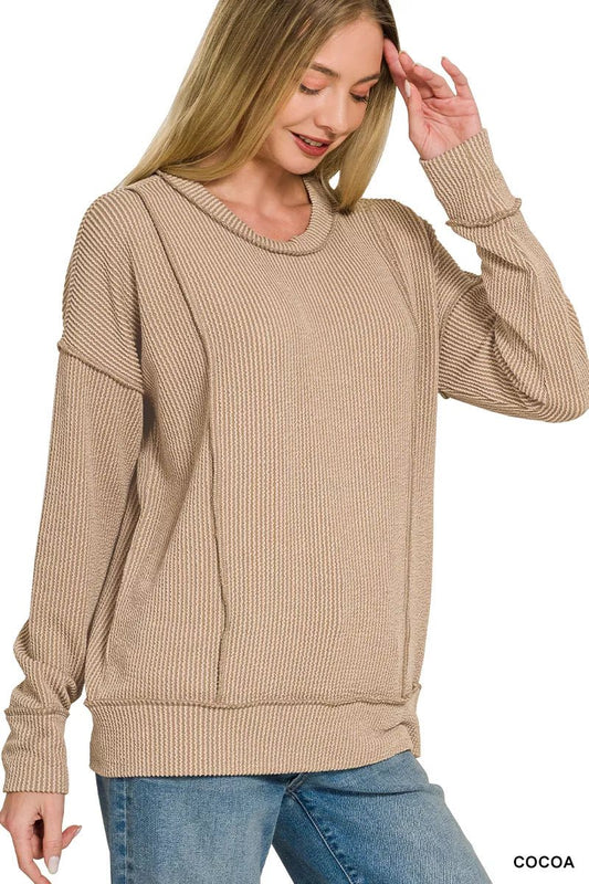 Zenana Corded Rib Long Sleeve Round Neck Top - Bitsy Gypsy Boutique