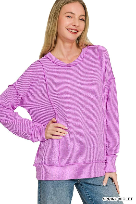Zenana Corded Rib Long Sleeve Round Neck Top - Bitsy Gypsy Boutique