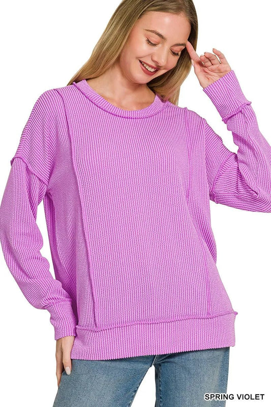 Zenana Corded Rib Long Sleeve Round Neck Top - Bitsy Gypsy Boutique