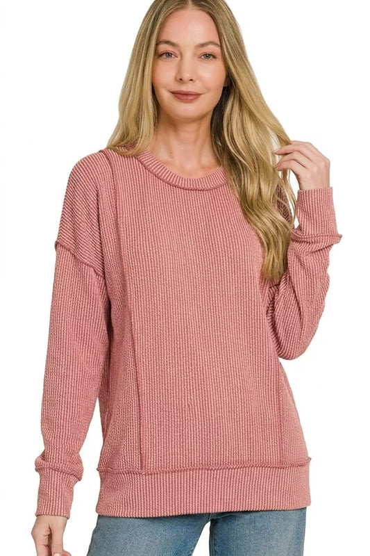 Zenana Corded Rib Long Sleeve Round Neck Top - Bitsy Gypsy Boutique