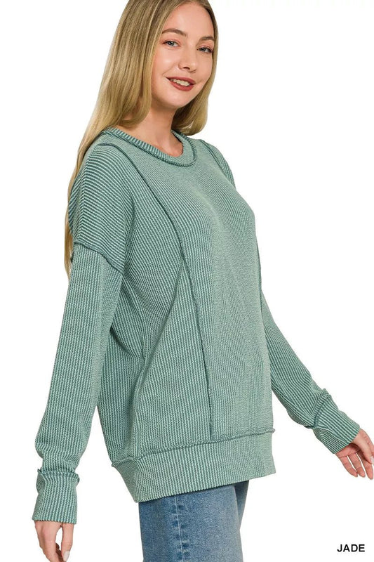 Zenana Corded Rib Long Sleeve Round Neck Top - Bitsy Gypsy Boutique