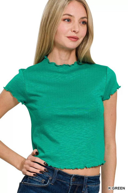 Zenana Cotton Modal Slub Lettuce Trimmed Cropped T-Shirt - Bitsy Gypsy Boutique