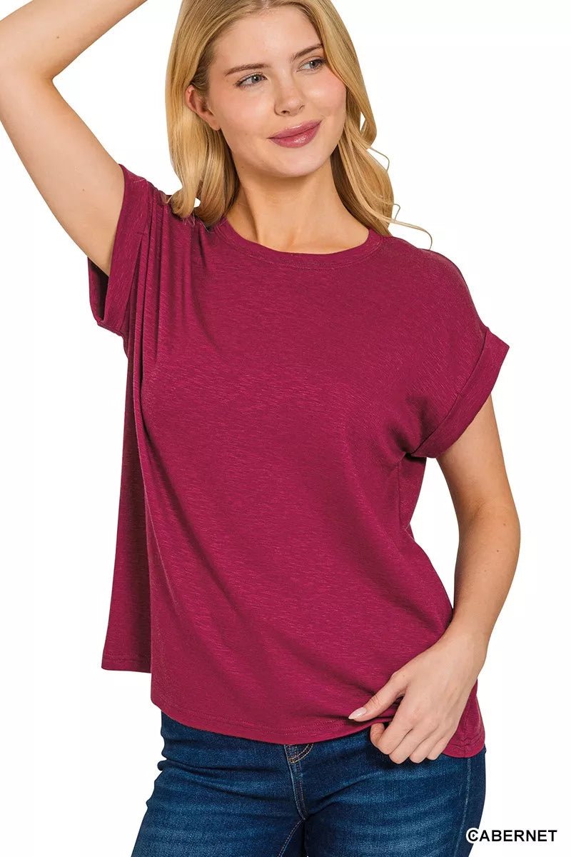 Zenana Cotton Modal Slub Rolled Sleeve T-Shirt - Bitsy Gypsy Boutique
