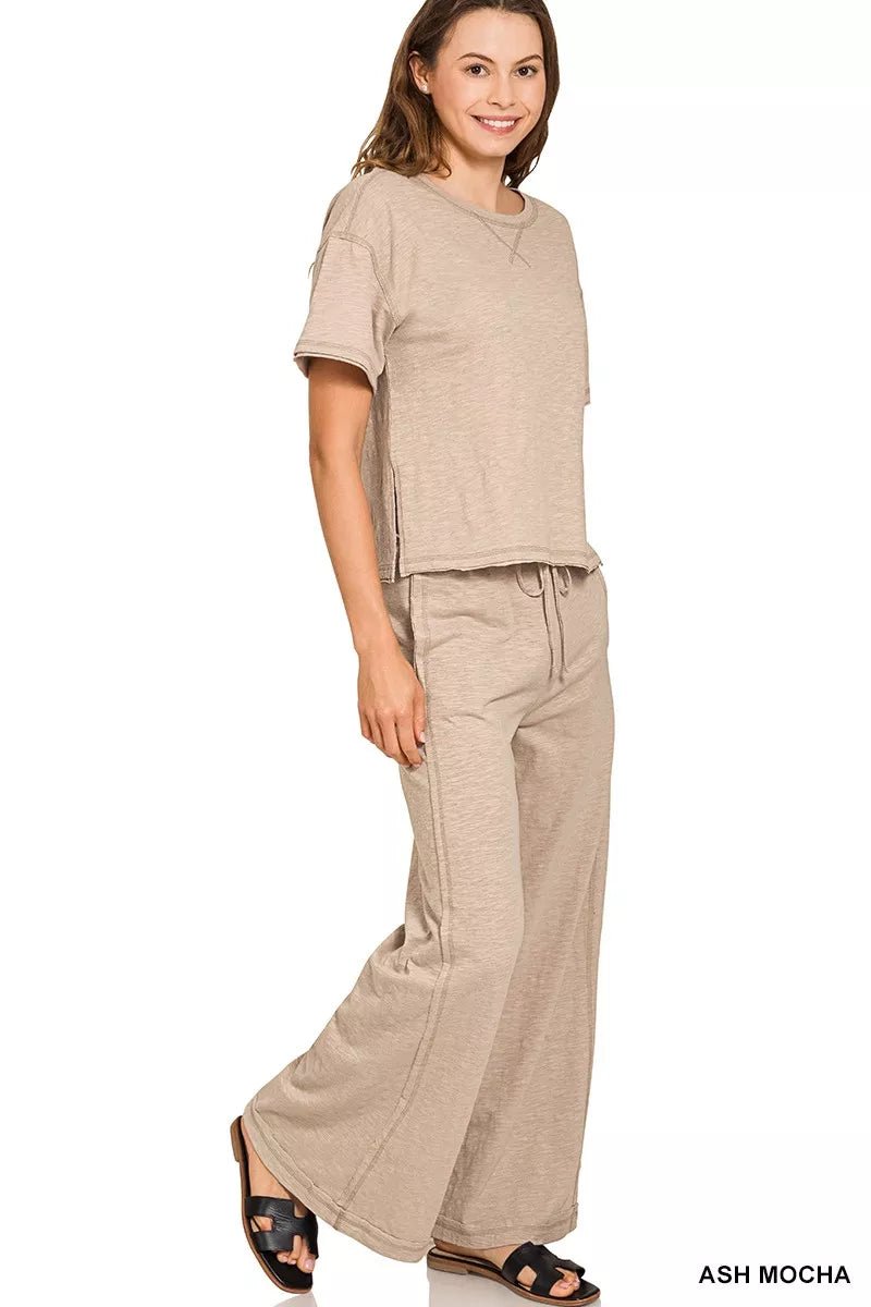 Zenana Cotton Slub Short Sleeve Tee and Pants Set - Bitsy Gypsy Boutique