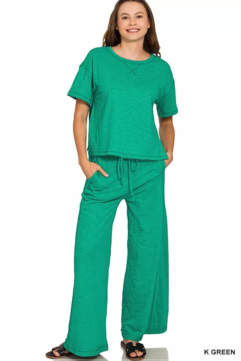Zenana Cotton Slub Short Sleeve Tee and Pants Set - Bitsy Gypsy Boutique
