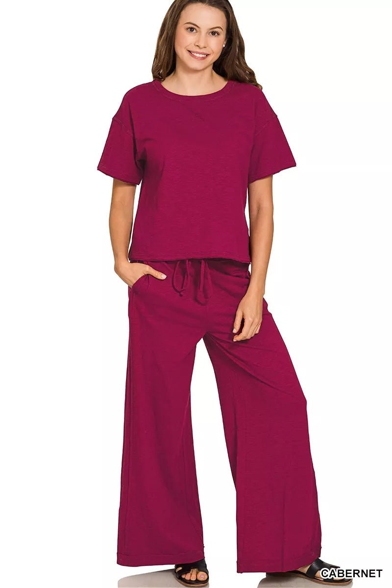 Zenana Cotton Slub Short Sleeve Tee and Pants Set - Bitsy Gypsy Boutique