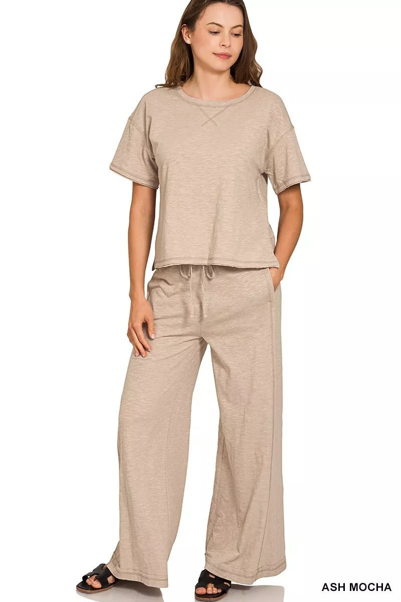 Zenana Cotton Slub Short Sleeve Tee and Pants Set - Bitsy Gypsy Boutique