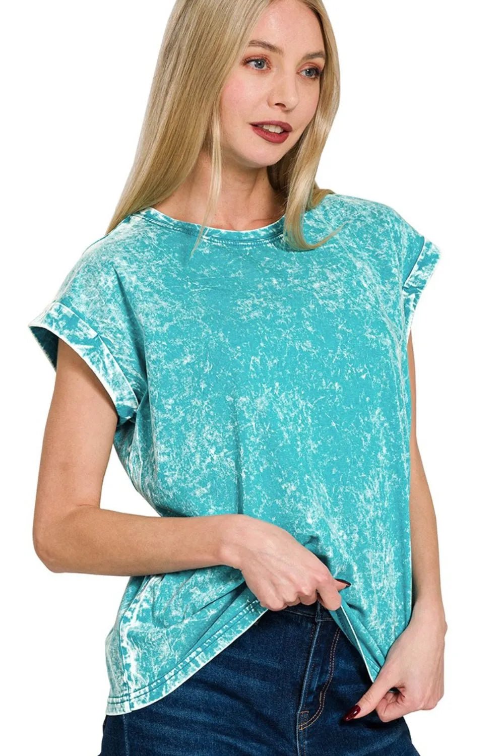 Zenana Crinkle Washed Round Neck Folded Short Sleeve Tee - Bitsy Gypsy Boutique