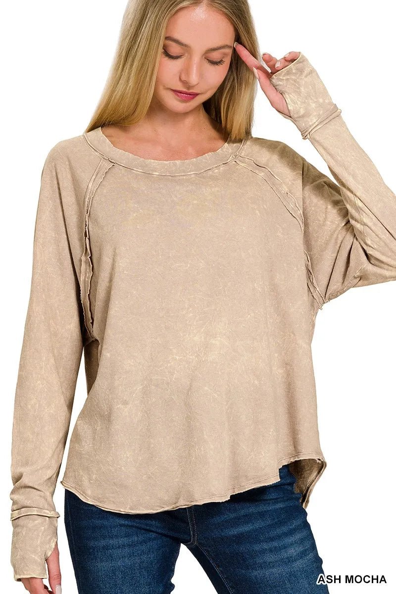Zenana Crinkle Washed Thumb Hole Cuffs Long Sleeve Top - Bitsy Gypsy Boutique