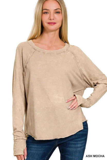 Zenana Crinkle Washed Thumb Hole Cuffs Long Sleeve Top - Bitsy Gypsy Boutique