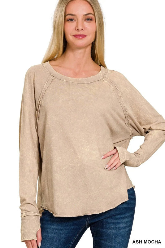 Zenana Crinkle Washed Thumb Hole Cuffs Long Sleeve Top - Bitsy Gypsy Boutique