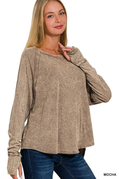 Zenana Crinkle Washed Thumb Hole Cuffs Long Sleeve Top - Bitsy Gypsy Boutique