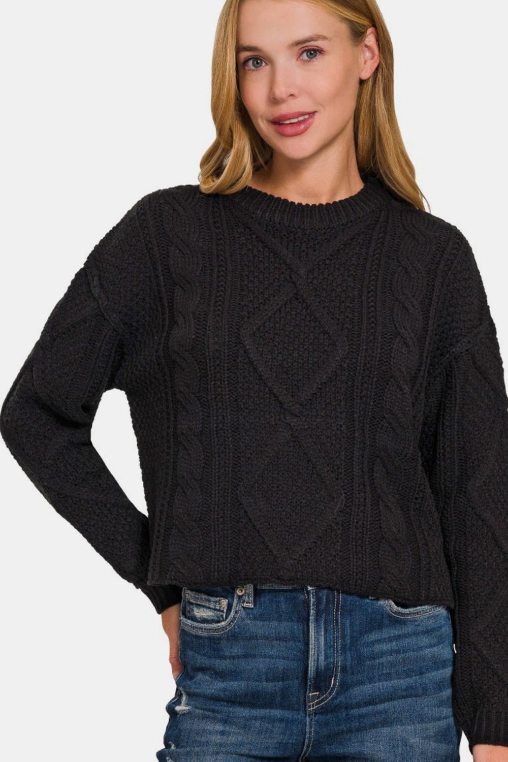 Zenana Cropped High Low Cable Sweater with Side Slits - Bitsy Gypsy Boutique